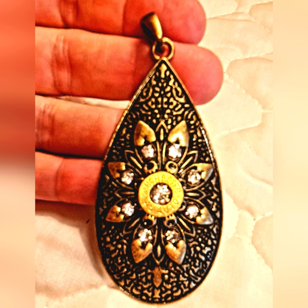 Pendent Matte Gold w Crystals 45 Cal Bullet Casing in Center Teardrop 3 1/8"